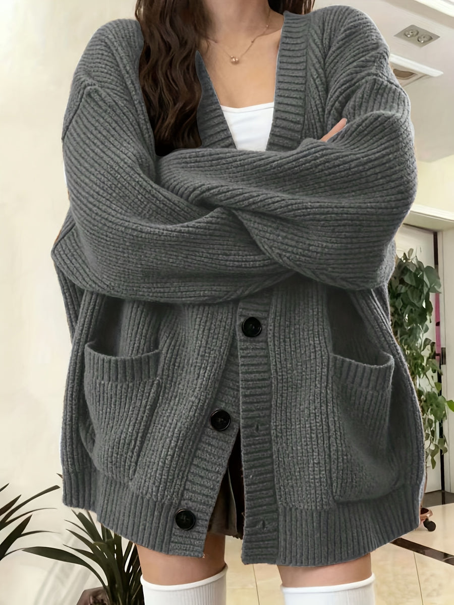 Button Front Cardigan With Patched Pocket, Casual V Neck Solid Color Ribbed Drop Shoulder Cardigan For Fall & Winter, Women's Clothing - Grey