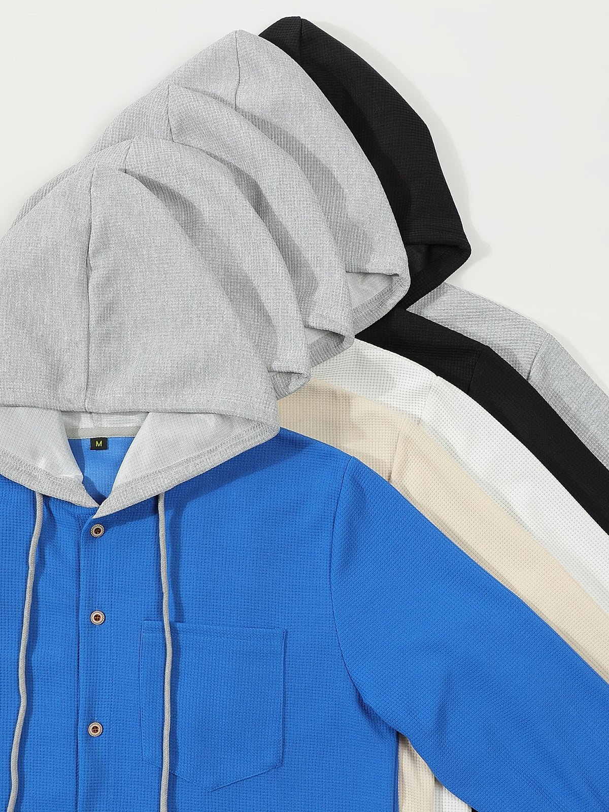 Men'S Waffle Knit Contrast Color Hooded Long Sleeve Button-Up Shirt 3pcs Set, Drawstring Hood Design, Single Chest Pocket, Loose Fit, Casual Outerwear, Spring/Autumn Holiday Street Style Jacket - Mixed Color 1