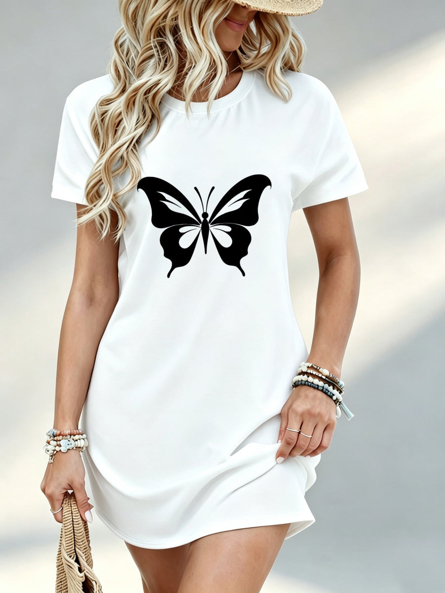 Printed Design Not Textured, Casual Style, Women Dress, Butterfly Print, Daily Wear, Gift for Her, 100 Percent Polyester - White