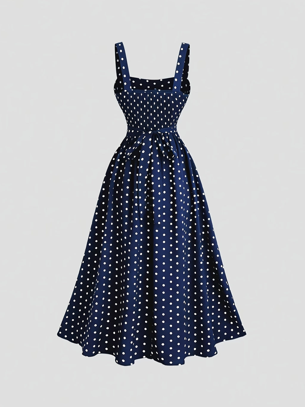 Vintage Elegant Polka Dot Cami Dress, Back Ruched Waist Tie-Up Slim Fit, Date Vacation Daily Commute Outfit, Graduation Season Concert - Royal Blue