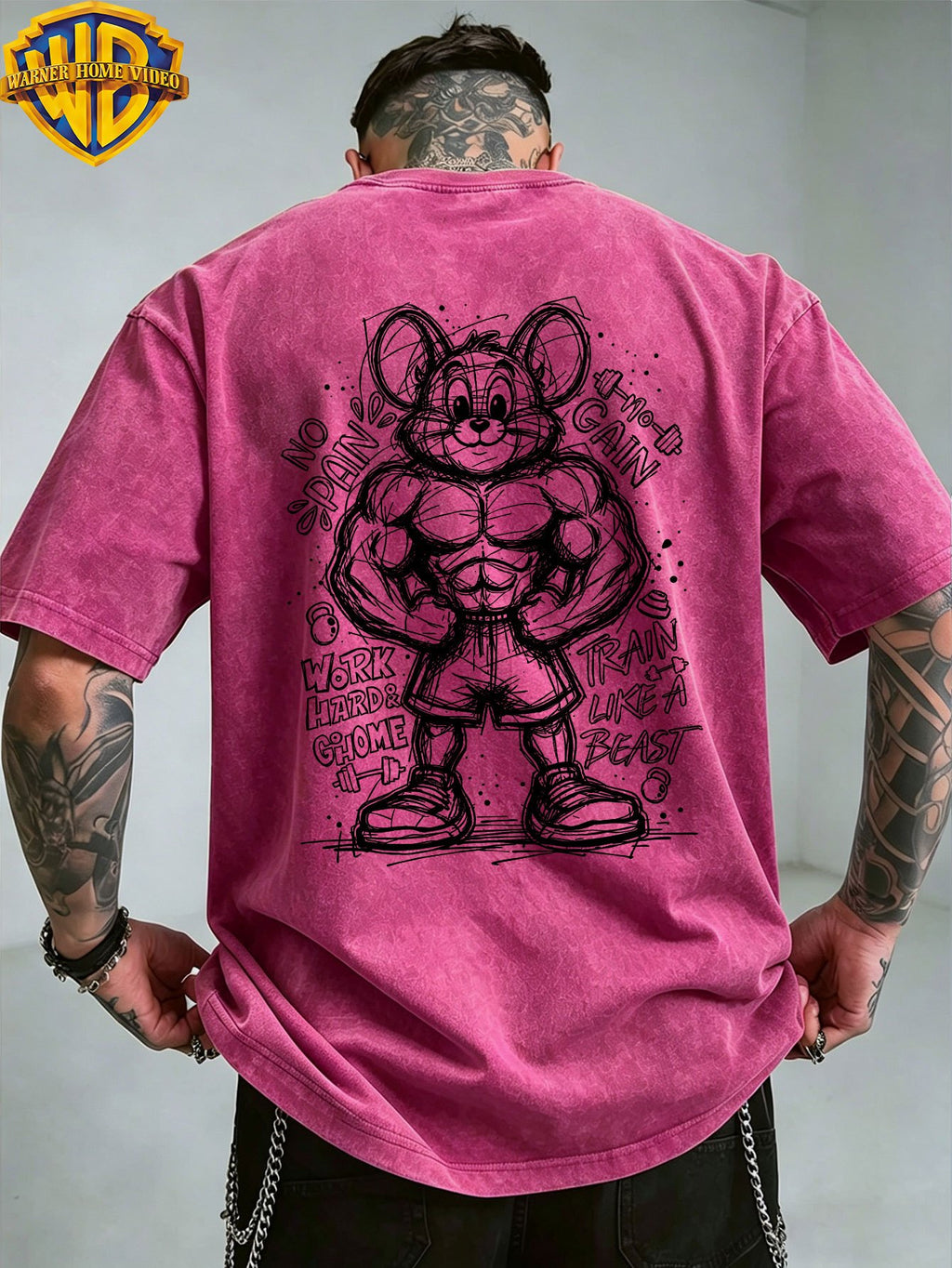 Warner Bros Official Muscle Fitness Mouse Doodle Sketch Print Washed Distressed Short-Sleeve T-Shirt, American Vintage Casual Top, Men's Casual Comfortable Versatile Loose T-Shirt, Suitable for Outdoors and Gym - Rose Red