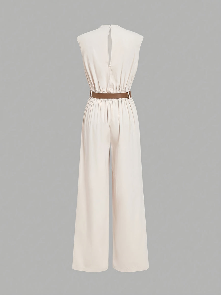High Neck Solid Jumpsuit with Waist Belt - Apricot