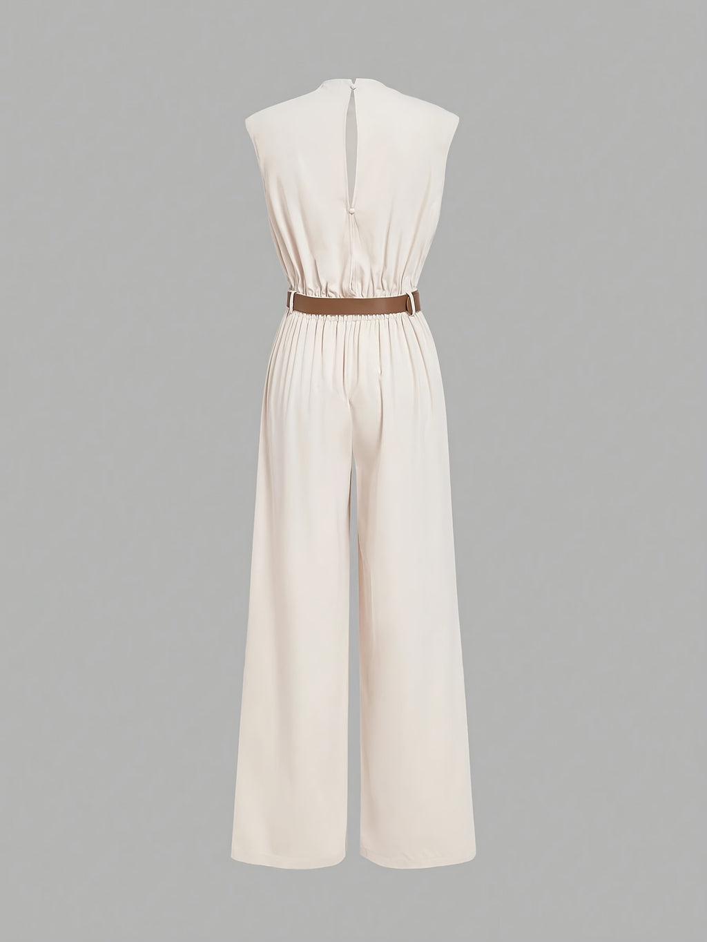 High Neck Solid Jumpsuit with Waist Belt - Apricot