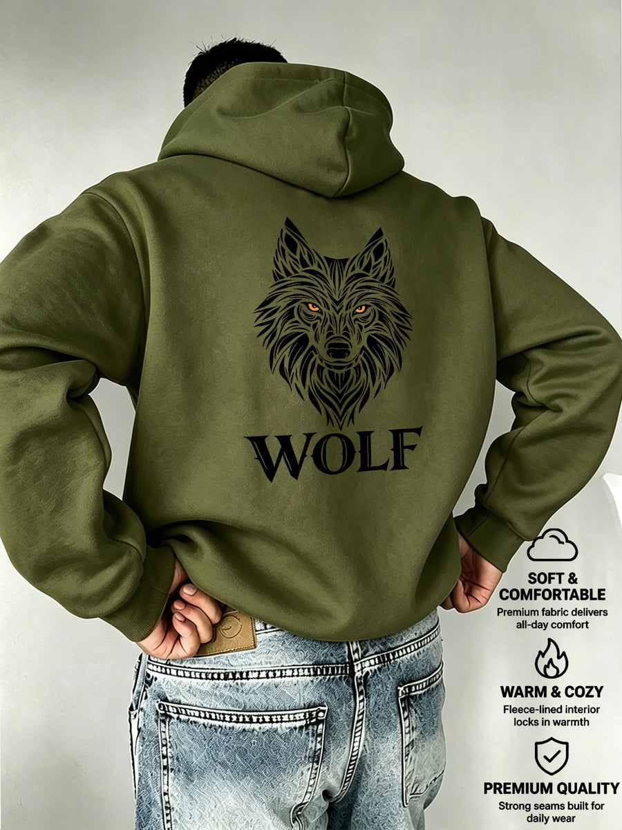 Men's Hooded Sweatshirt WOLF - Realistic Wolf Head Print, European and American Dark Style Men's Casual Sweatshirt - fern green