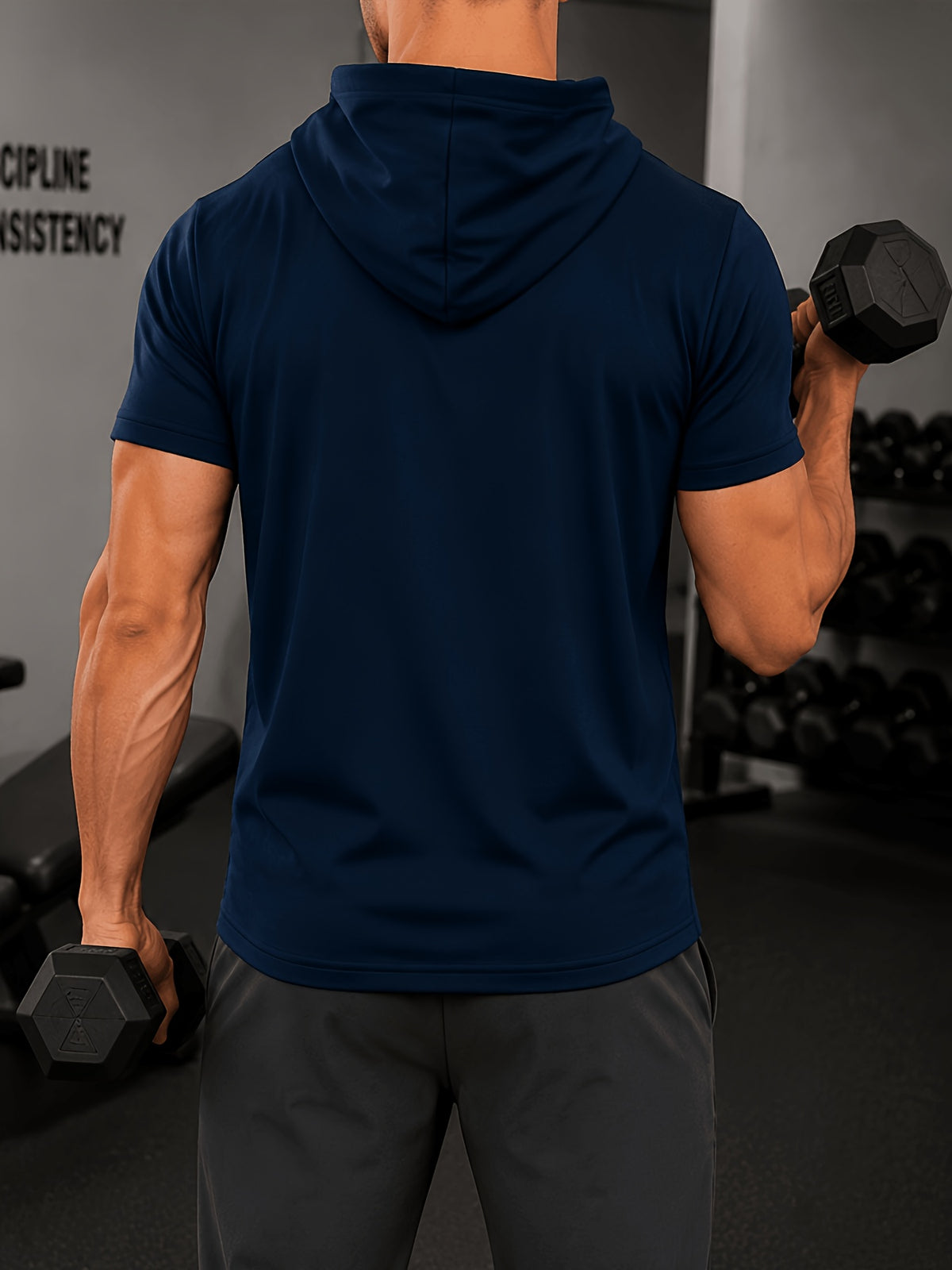Men's Lightweight Breathable Short-Sleeve Hooded Sweatshirt - Solid Color Loose Fit Hoodie Suitable for Gym, Running, Outdoor Commuting | Machine Washable Pullover Hooded T-Shirt for Youth &, Basic Versatile Casual Wear - Navy Color