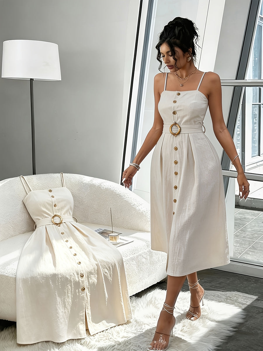 A Stylish And Elegant Sleeveless Dress with Easy Button Decorations, Perfect for Daily Commutes And Dates, Featuring a Mid-Length Design And a Belt - Apricot