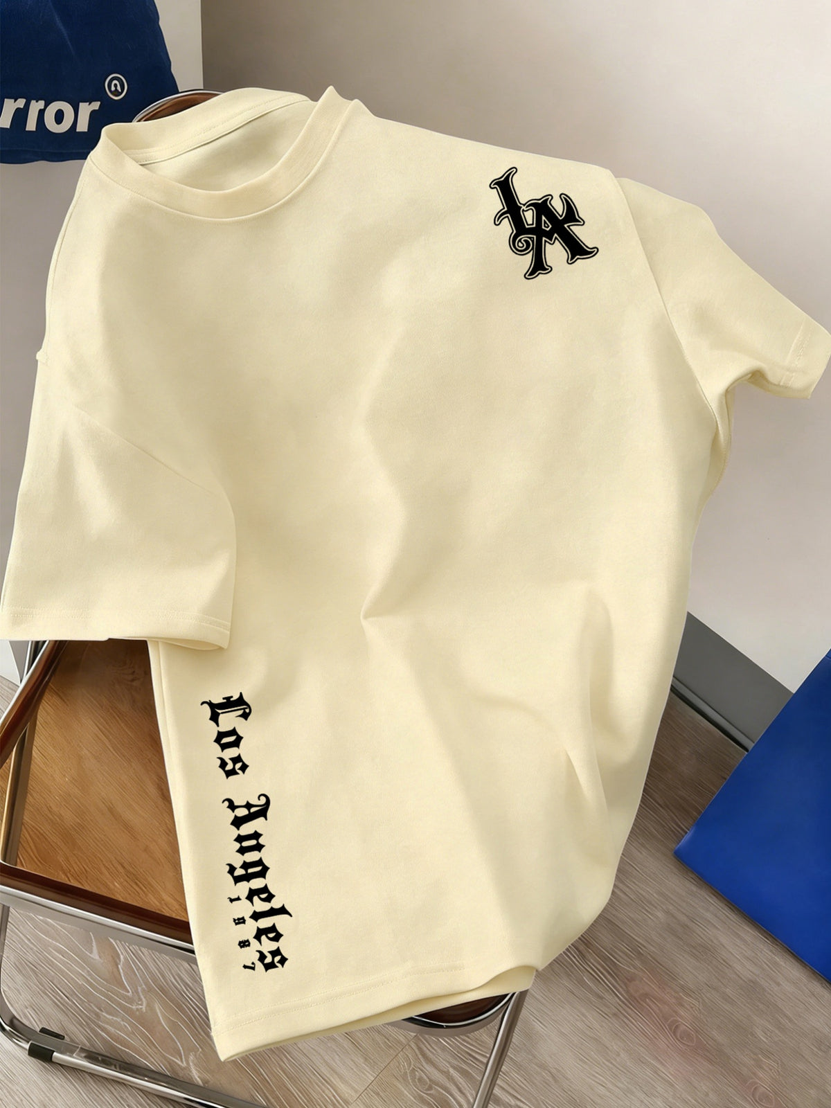 Men's 100% Cotton Short Sleeve Crew Neck T-Shirt, American Los Angeles Vintage Street Style Print, Casual, Fashionable, Comfortable, Soft, Summer Short Sleeve - Apricot