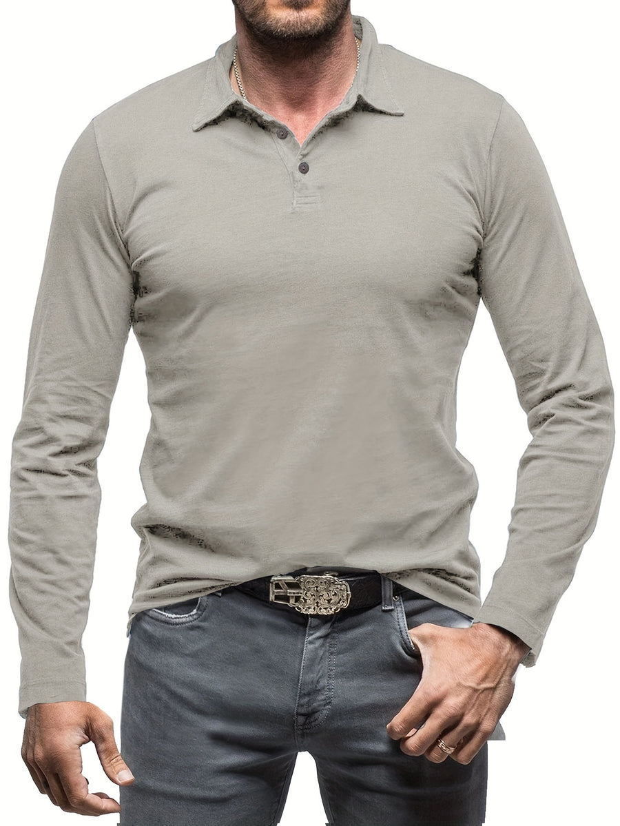 New Style Lapel European And American Style Men'S T-Shirt, Solid Color, Cross-Border Foreign Trade Men'S Long-Sleeve Polo Shirt - Light Grey