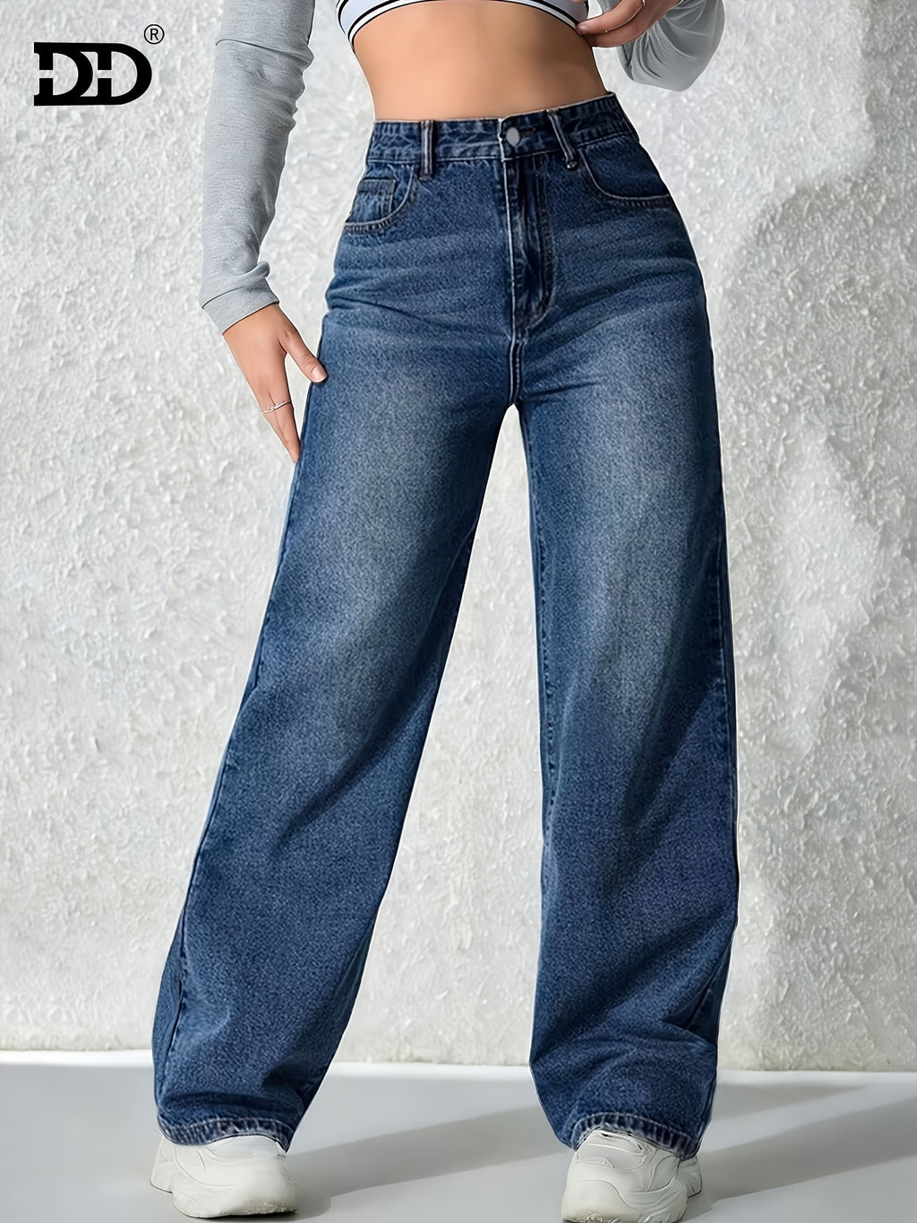 Women's New Stretchy Wide Leg Jeans, Loose Straight Jeans, Washed Vintage Blue Denim Trousers, Mid Waisted Tummy Control Pantalones, Comfortable Mom Pants with Pockets, Elegant Ladies' Outfit, Female Casual Pants Fit for Office, Work and Travel Wear. - Vintage Blue