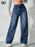 Women's New Stretchy Wide Leg Jeans, Loose Straight Jeans, Washed Vintage Blue Denim Trousers, Mid Waisted Tummy Control Pantalones, Comfortable Mom Pants with Pockets, Elegant Ladies' Outfit, Female Casual Pants Fit for Office, Work and Travel Wear. - Vintage Blue