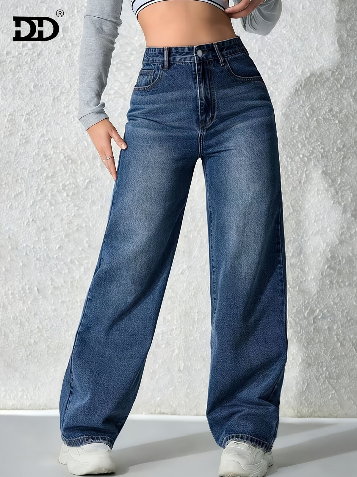 Women's New Stretchy Wide Leg Jeans, Loose Straight Jeans, Washed Vintage Blue Denim Trousers, Mid Waisted Tummy Control Pantalones, Comfortable Mom Pants with Pockets, Elegant Ladies' Outfit, Female Casual Pants Fit for Office, Work and Travel Wear. - Vintage Blue