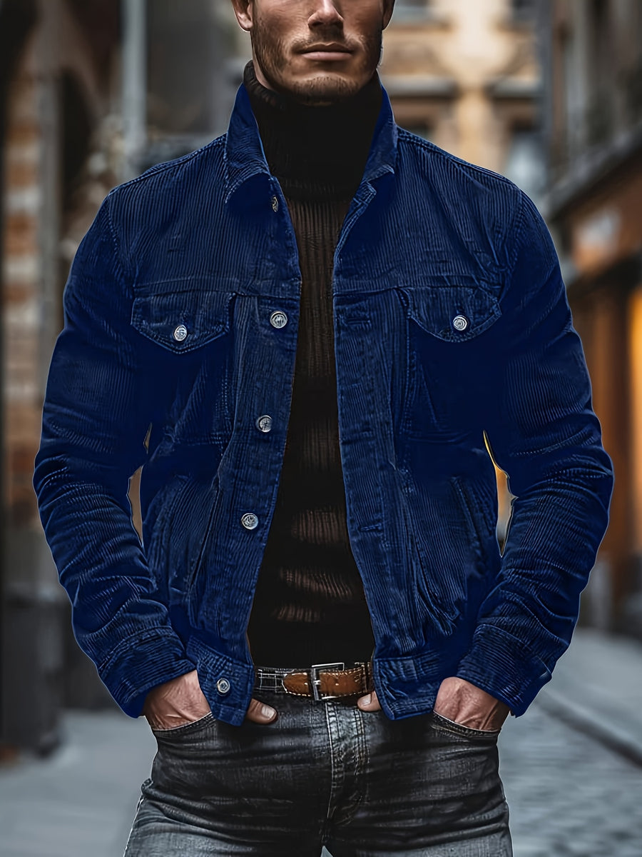 Men's Casual Long-Sleeve Shirt, Autumn/Winter Loose Fit Simple Solid Color Corduroy Layering Flannel Shirt, Vintage Style Top - Navy Color