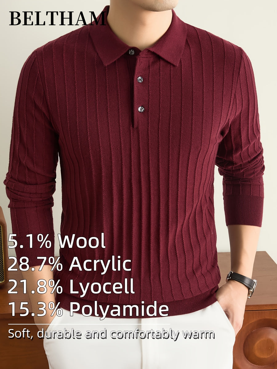 Men's New Fall Winter Wool Blend Long Sleeve Polo Collar Pullover Sweater, Cold Resistant Warm Soft Comfortable Knit Jumper, Simple Elegant Fashion, Ideal Gift for Father Husband, Daily Casual Business Sports Golf Fishing Outdoor Camping Wear - Burgundy