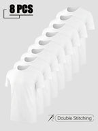 8pcs Men'S Short Sleeve T-Shirt Set - All-Season Versatile T-Shirts, 100%, Ideal for Travel And Casual Wear, Round Neck, Multiple Colors, Soft And Comfortable - White