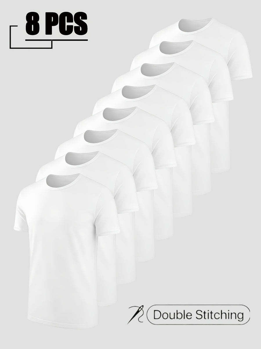 8pcs Men'S Short Sleeve T-Shirt Set - All-Season Versatile T-Shirts, 100%, Ideal for Travel And Casual Wear, Round Neck, Multiple Colors, Soft And Comfortable - White