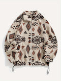Women's Ethnic Print Microfleece Plush Zip-Up Jacket - Apricot