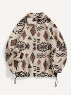 Women's Ethnic Print Microfleece Plush Zip-Up Jacket - Apricot