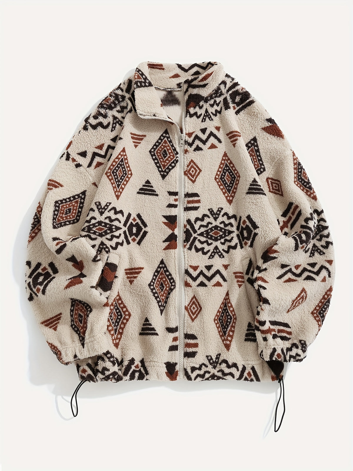Women's Ethnic Print Microfleece Plush Zip-Up Jacket - Apricot