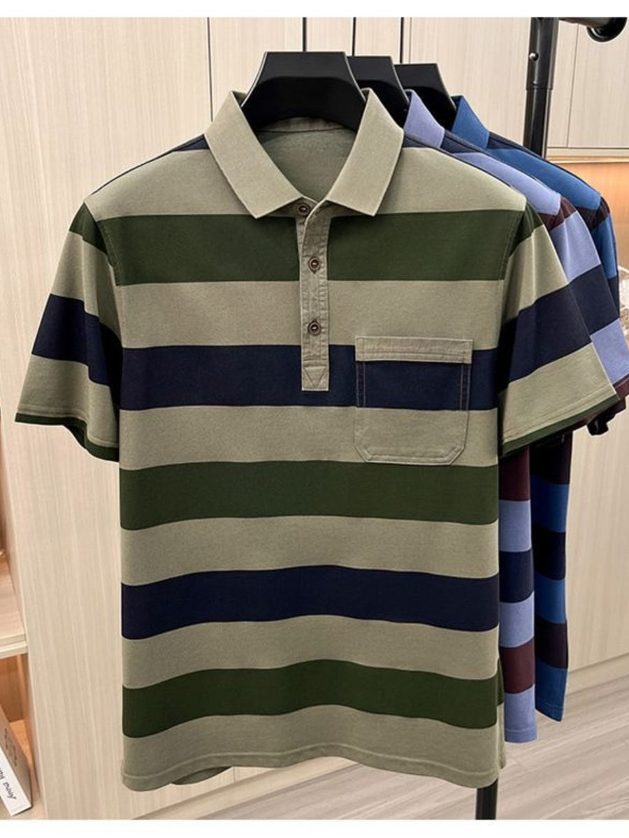 Men's Summer Striped Polo Shirt, Washed with Enzyme Process, Pearl Cotton Short Sleeve T-Shirt, Middle-Aged Business Casual Dad Style - Military green