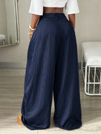 Women's Autumn/Winter Cool Vintage Casual Street Style Oversized Brown Curved Hem Striped Cargo Pants - Navy Color
