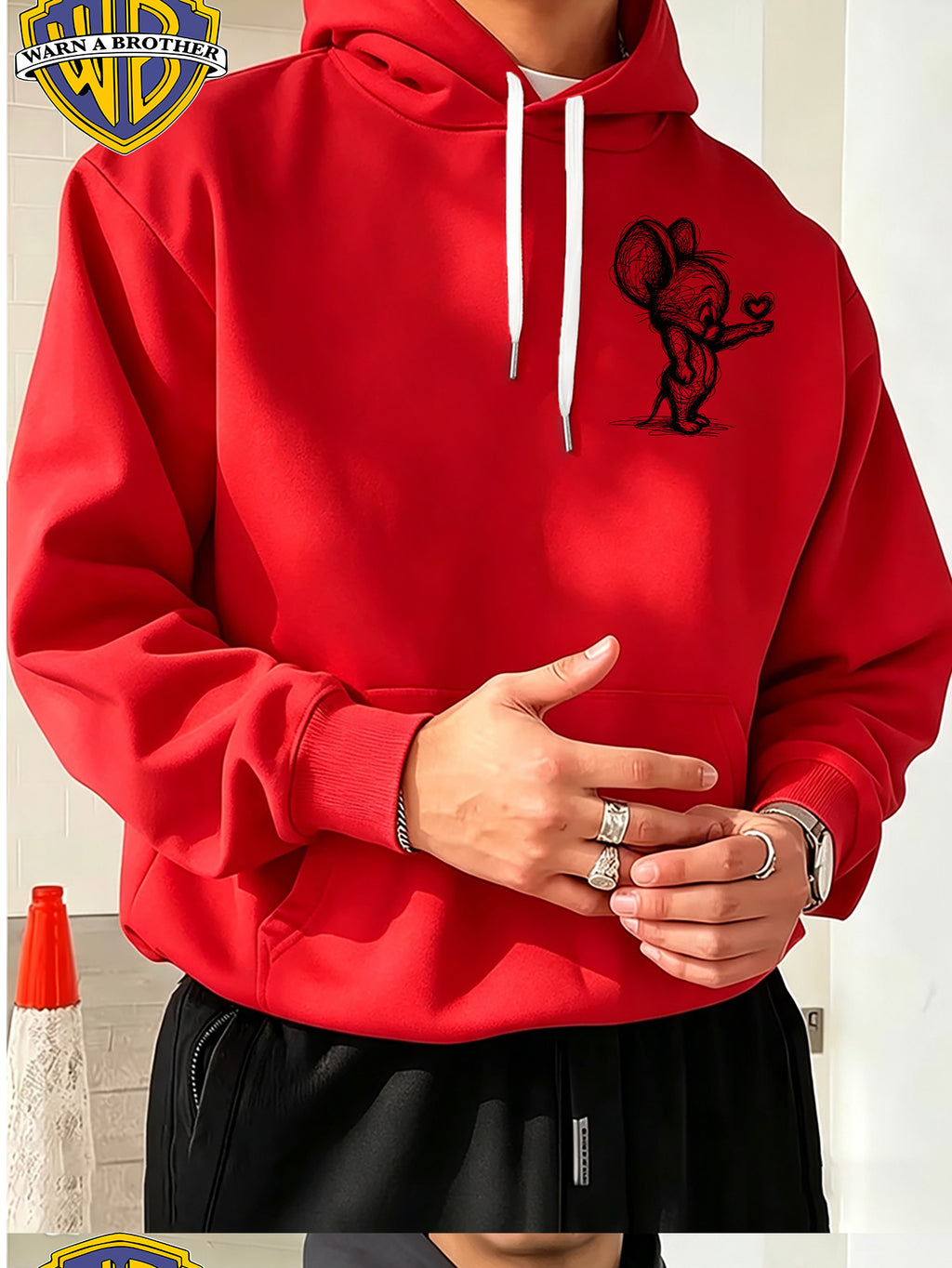 Official Warner Bros., Trendy Cool American Street Style Classic Character Theme Print Hoodie, American Street Style Unisex Long Sleeve Top, Suitable for Daily And Outdoor Activities, Ideal Warm Outerwear Choice for Autumn And Winter! - Red