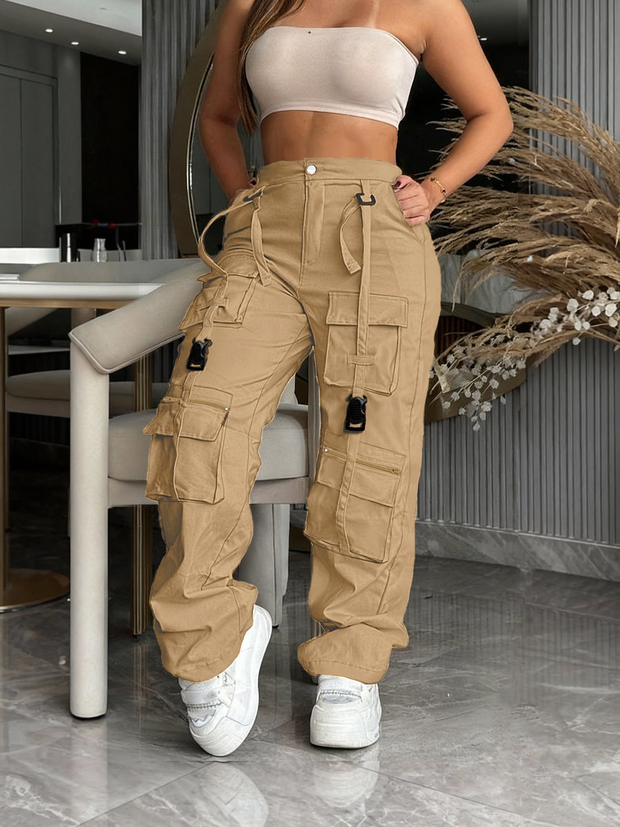 Multi-Pocket Cargo Pants, Retro Straight Wide-Leg Casual Trousers, Fashionable Trendy for Outings And Home - Khaki