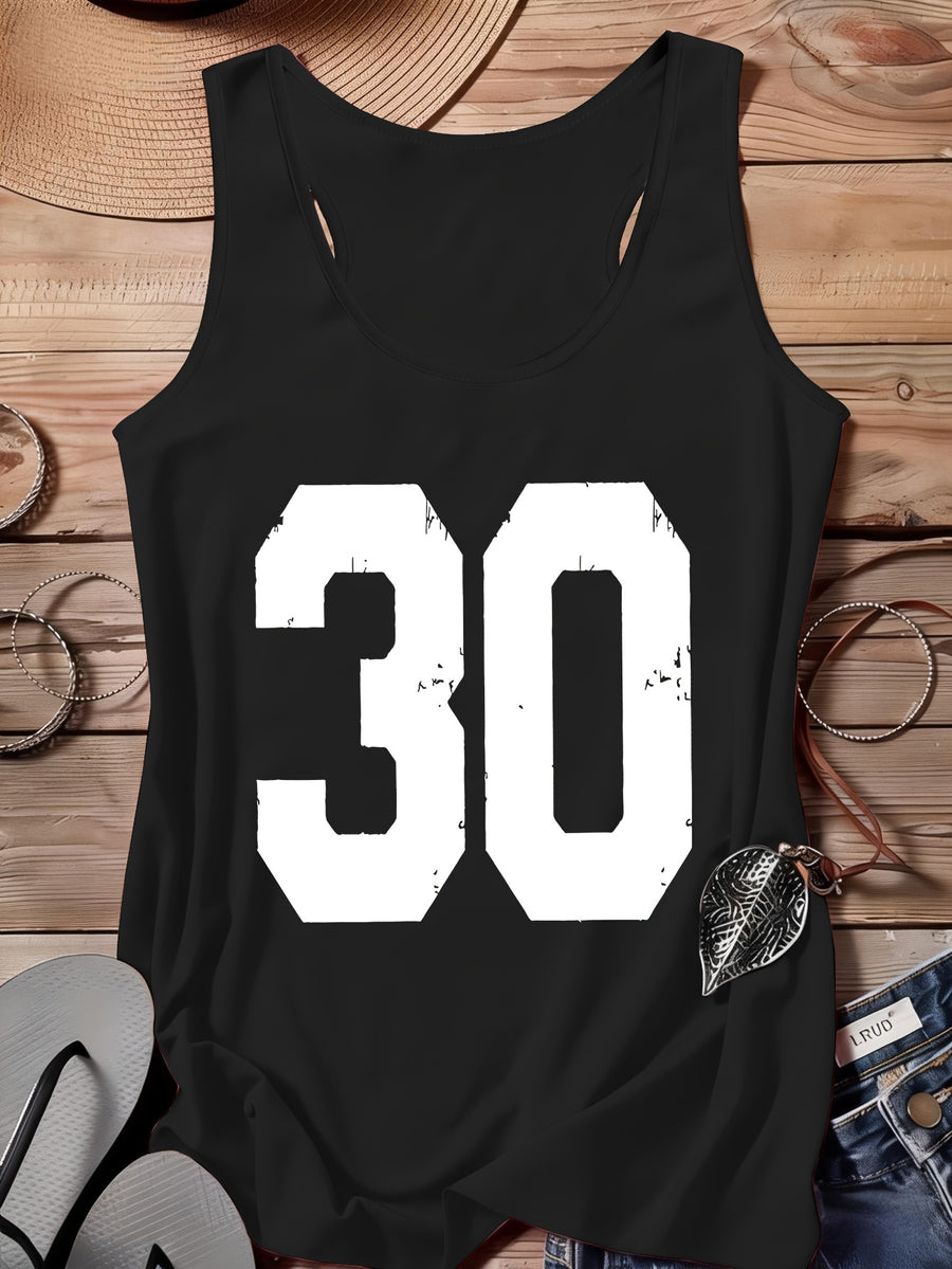 Arabic Numeral & '30' Letter Print Vest - All-Over Base Layer Suitable for Travel,, Outdoor | Machine Washable Sleeveless Top with Number | Casual Round Neck Wear for Streetwear and Year-Round Use - Black