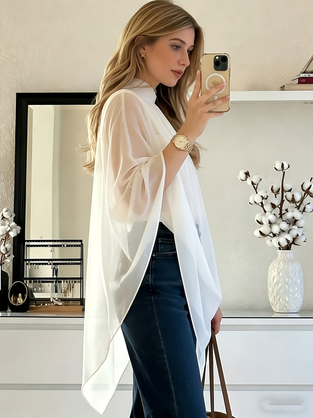 Women'S Asymmetrical Hem Chiffon Top, Casual Commute Blouse, Inner Layer Not Included - White