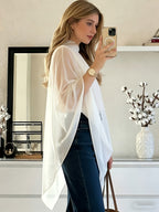 Women'S Asymmetrical Hem Chiffon Top, Casual Commute Blouse, Inner Layer Not Included - White