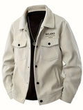 [Pearson OBM] Men'S Corduroy Lapel Cargo Jacket, Italian Light Luxury Style, Letter Print Double Button Pockets And Pinstripe Fabric, Spring/Autumn Mid-Age Men'S Commuter Warm Casual Top Winter Clothes for Men - Khaki