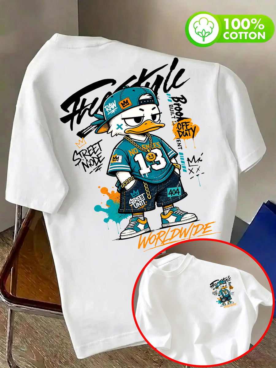 Pure Cotton Crew Neck T-Shirt, Unisex, Trendy Cool Duck, No. 13 Jersey, Multi-Element Badge, Double-Sided Front and Back Print with Letters, Breathable and Non-Sticky Back, Casual and Versatile, Suitable for Commuting, Sports, Outdoor Travel - White