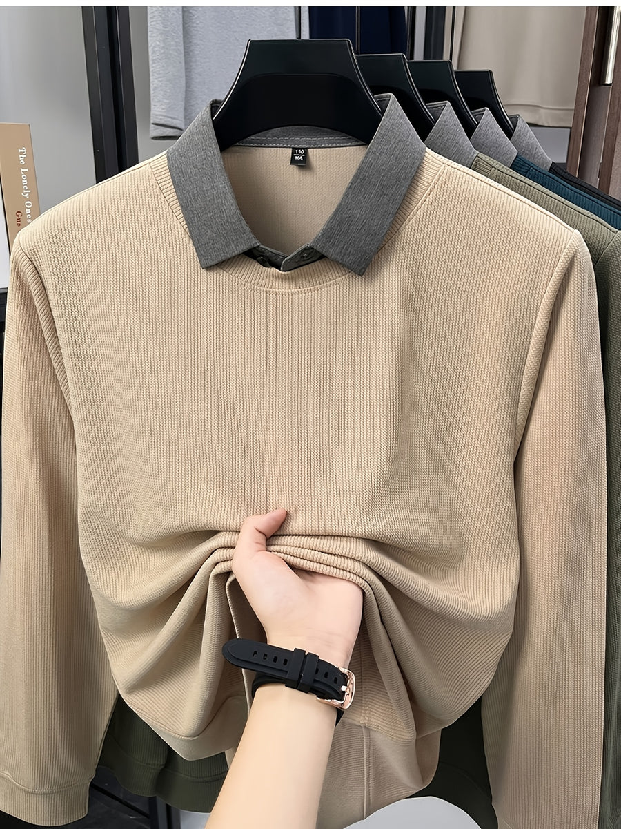 Autumn Men'S Faux Two-Piece Sweater, Shirt Collar Pullover Top, Autumn Top, Business Casual, Daily Outing, Warm And Comfortable, Ideal Gift, Knit - Off-white