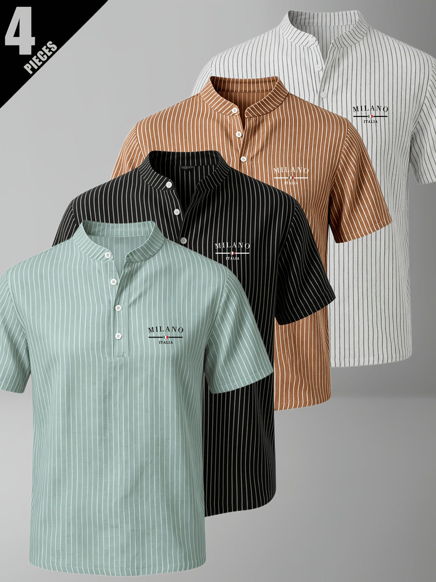 4pcs Men'S Summer Striped Linen Blend Henley Shirts, Milan Print Stand Collar Breathable Short Sleeve, Office Casual Versatile Top - Color Mixing 3