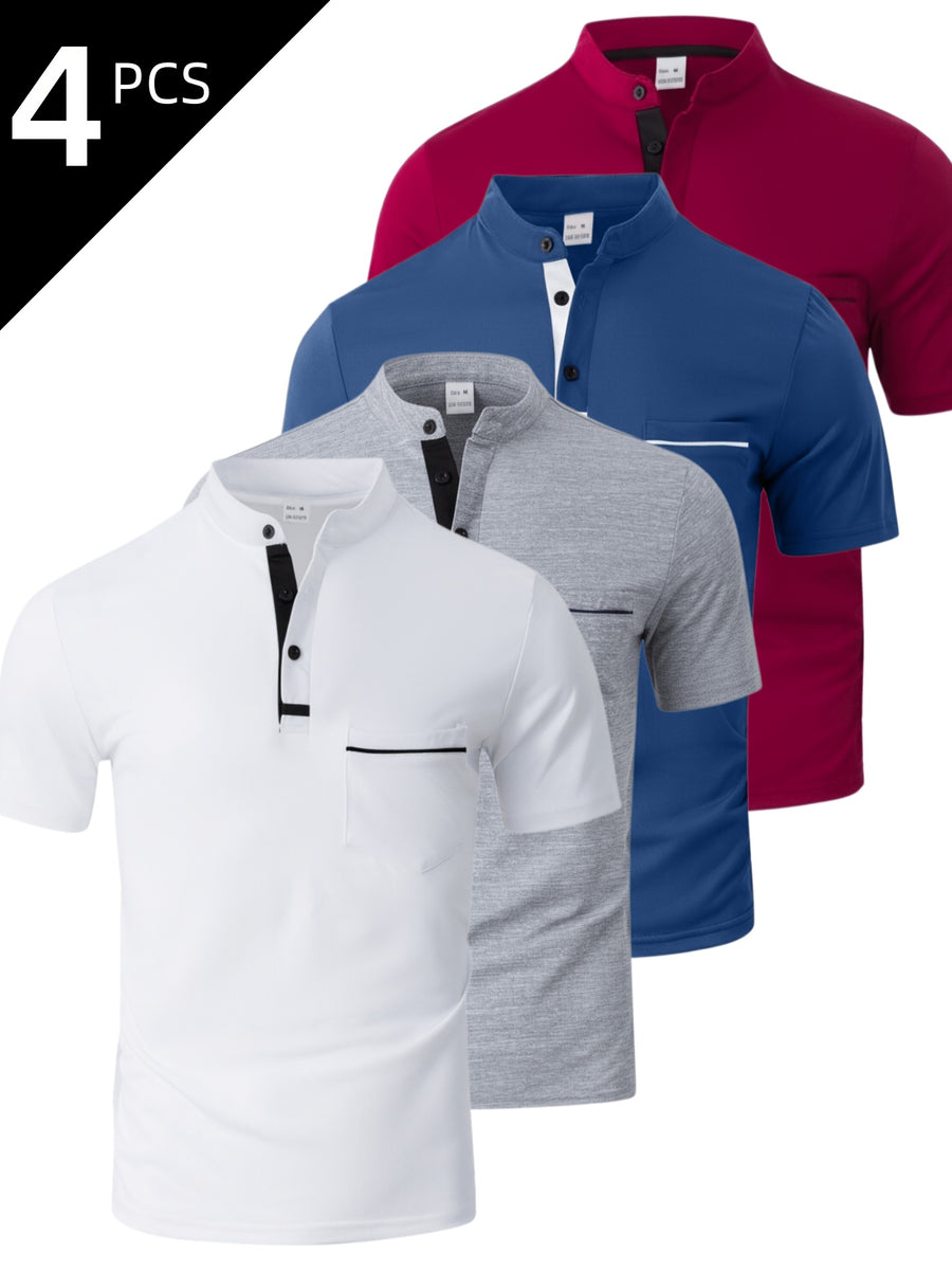 [Josh May OBM] 4pcs Set, Solid Color Stand-Up Collar Henley Shirts, Breathable Quick-Dry Casual Shirts, Lightweight Stretch, No Ironing Required, Durable And Wearable, Button-Up Design, Suitable for Summer Office, Yacht Wear, Casual Attire - White+Grey+Sea Blue+Wine Red