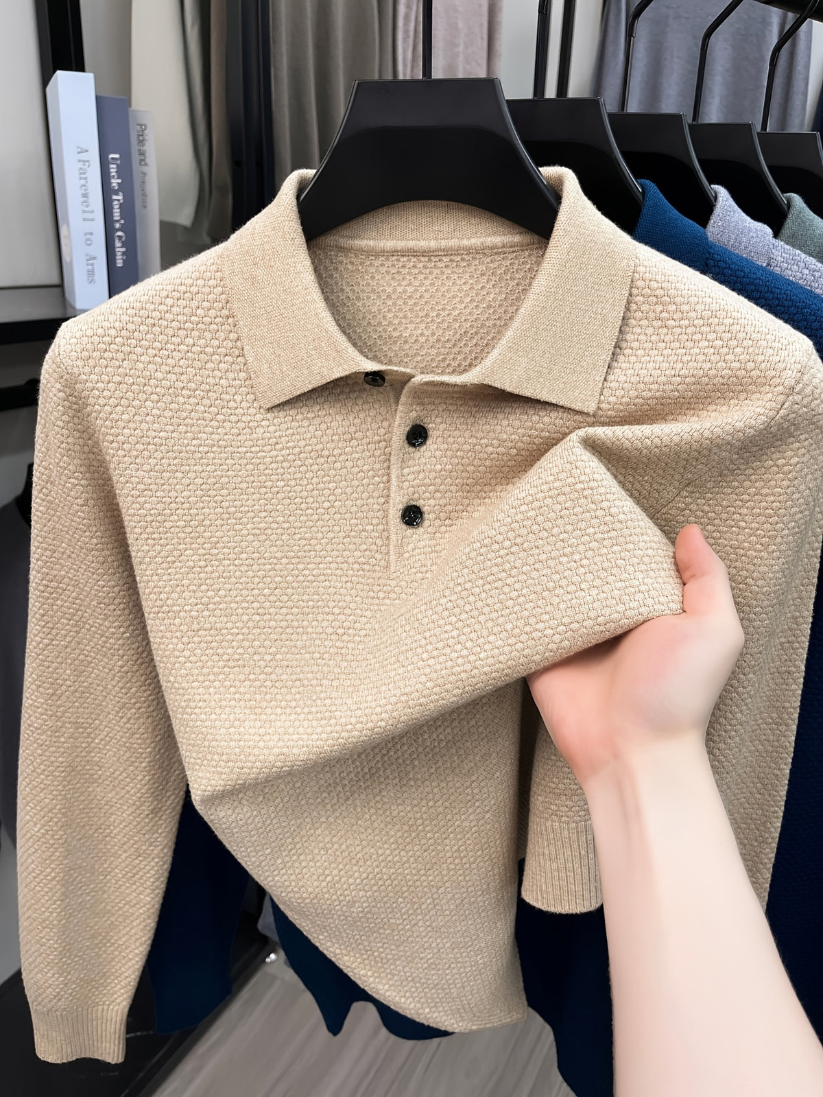 Autumn Men'S Long Sleeve T-Shirt Long Sleeve Pineapple Needle Lapel Business Casual Solid Color POLO Shirt - Khaki 1