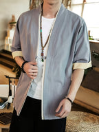 New Chinese Style Open Collar And Mid Sleeve Men'S Shirt with Easy One Grain Buckle, Comfortable Linen Blend Breathable Men'S T-Shirt, Casual Shirt - Grey