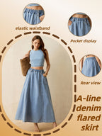 New Vacation Style Light Blue A-Line Denim Long Skirt, Elastic Waist Tiered Flared with Pockets, Perfect for Pairing with Short Tops for a French Casual Look, Ideal for Daily Wear And Vacations - Light Blue