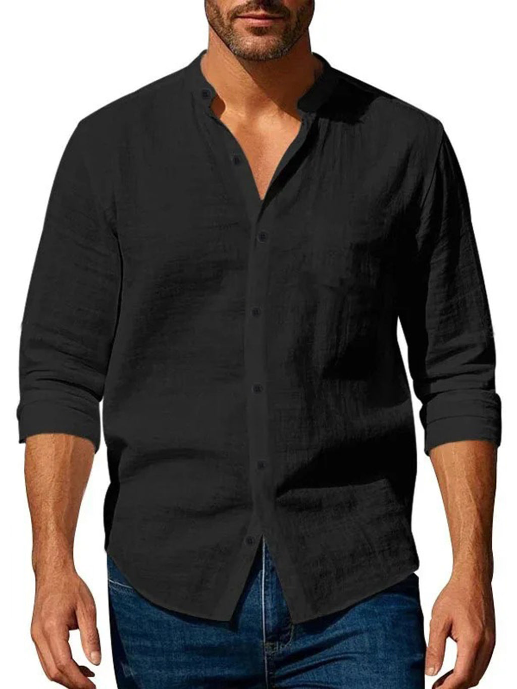 Men'S Casual Shirt Spring Summer Solid Color Dress Shirt Stand Collar Casual Lightweight Shirt Men'S Top - Black