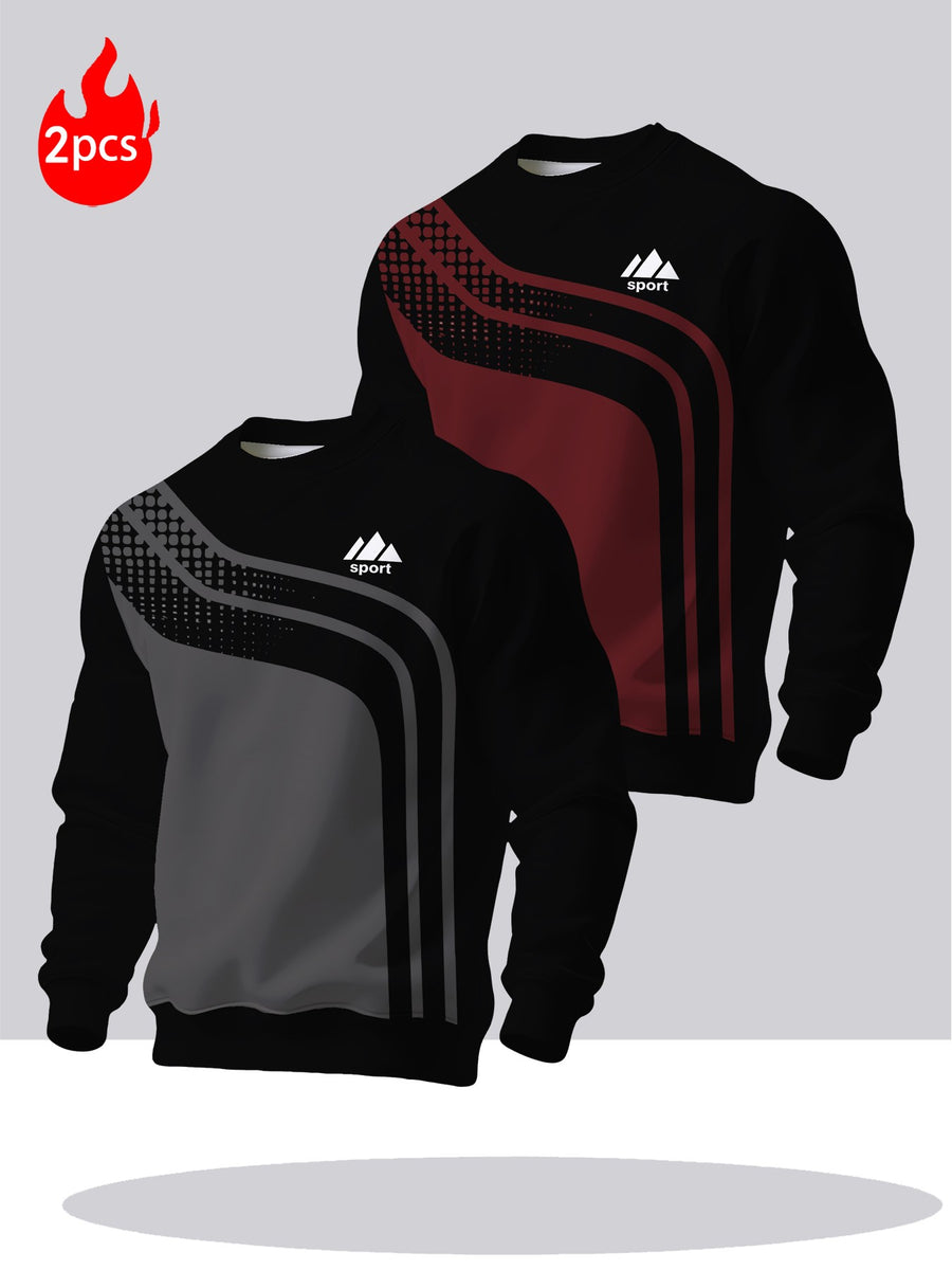 2pcs Men'S Round Neck Sweatshirt Set - Casual Print Top, Outdoor Leisure Style Round Neck Sweatshirt, Basic Versatile Style with Print - Mixed colors