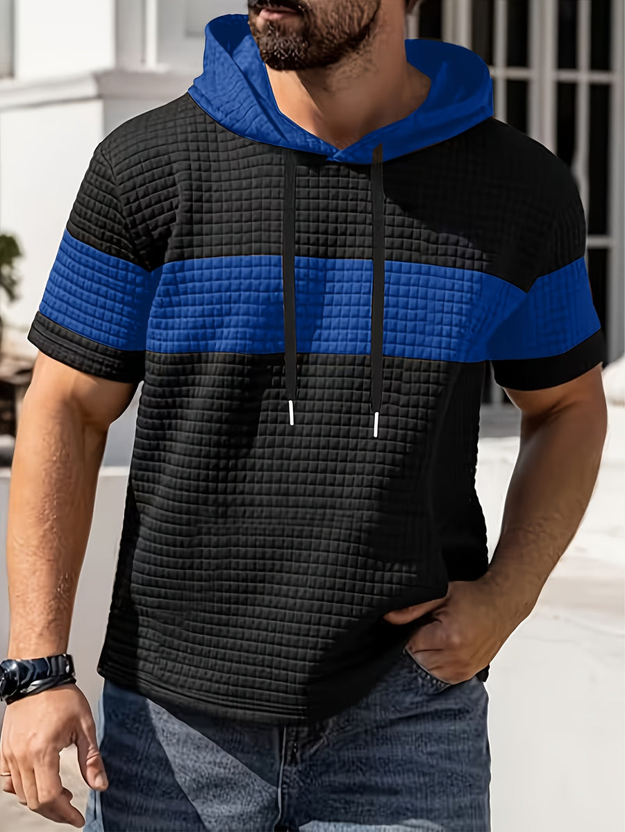 Men'S Summer Essential Hooded Short Sleeve T-Shirt, Casual Loose Fit, Breathable And Wrinkle-Resistant Fabric, Durable And Non-Deformable, Drawstring Hood Design, Arched Hem for Body Shaping, Statement Color Block for Trendy Appeal - Bright Blue