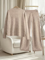 New Arrival Women'S Fall Winter Thick 2pcs Outfit, Printed Loose Crew Neck Faux Pullover Top Straight Leg Pants Set, Fashion Casual Long Sleeve Warm Sweater Matching Set, Soft Washable Loungewear for Home Outdoor Wear - Camel
