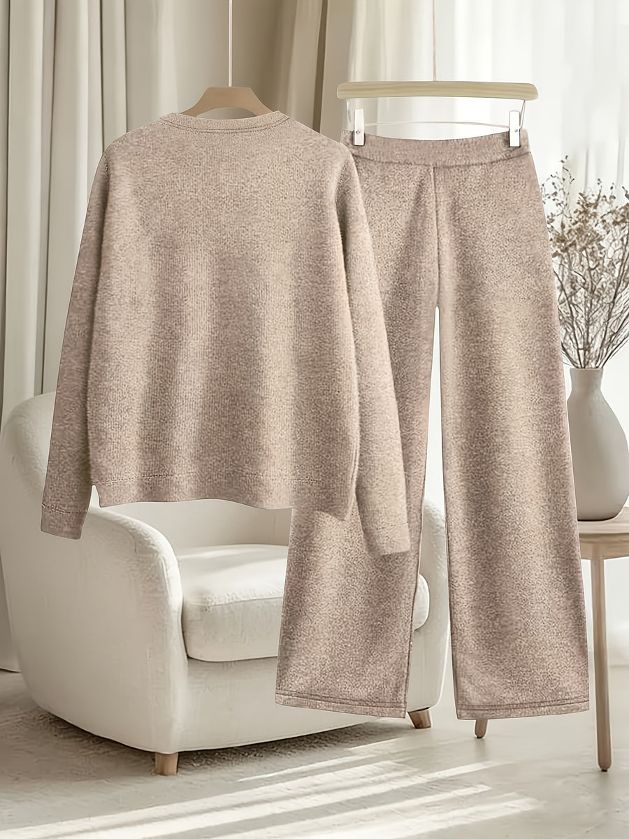 New Arrival Women'S Fall Winter Thick 2pcs Outfit, Printed Loose Crew Neck Faux Pullover Top Straight Leg Pants Set, Fashion Casual Long Sleeve Warm Sweater Matching Set, Soft Washable Loungewear for Home Outdoor Wear - Camel