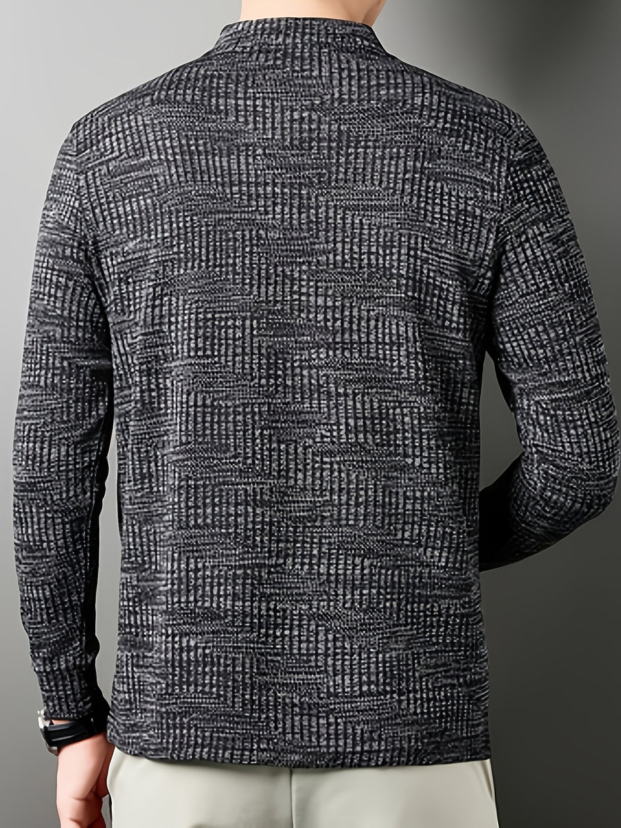 Men's Henley Collar Single-Button Long-Sleeve T-Shirt, Textured Jacquard Knit Top, Spring/Autumn Business Casual Daily Commute Base Layer Shirt - Black