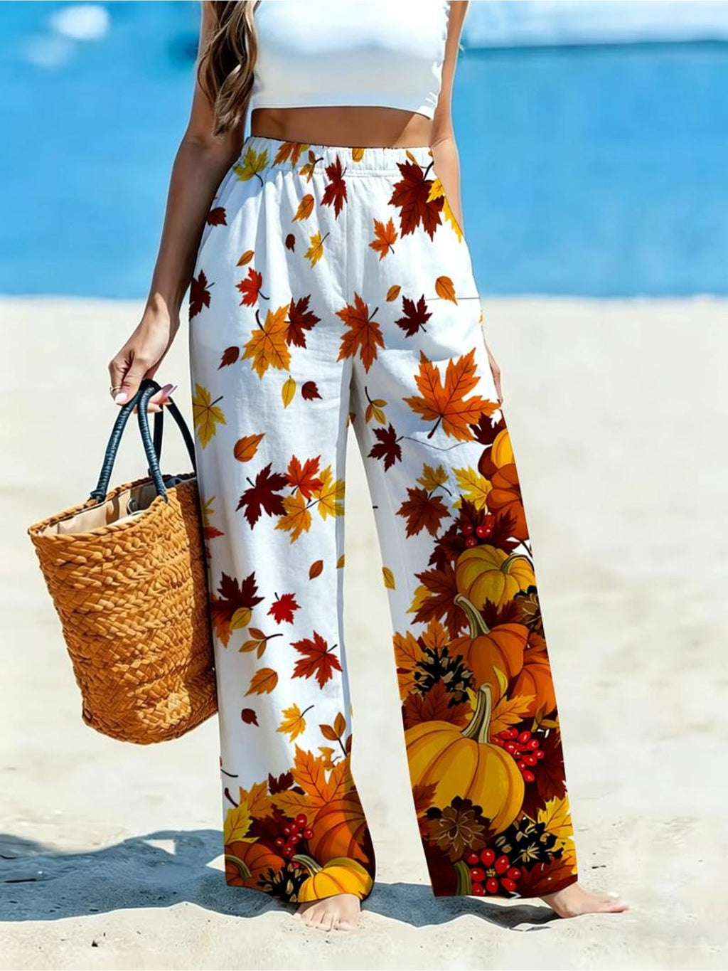 Women's Wide-Leg Trousers with Autumn Maple Leaf & Pumpkin Print - Loose-Fit Casual Pants Suitable for Fall Outfits, Machine Washable Style for Vacation, Daily Wear, Shopping (No Elastic Comfortable Wide Pants) - Mixed colors