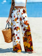 Women's Wide-Leg Trousers with Autumn Maple Leaf & Pumpkin Print - Loose-Fit Casual Pants Suitable for Fall Outfits, Machine Washable Style for Vacation, Daily Wear, Shopping (No Elastic Comfortable Wide Pants) - Mixed colors