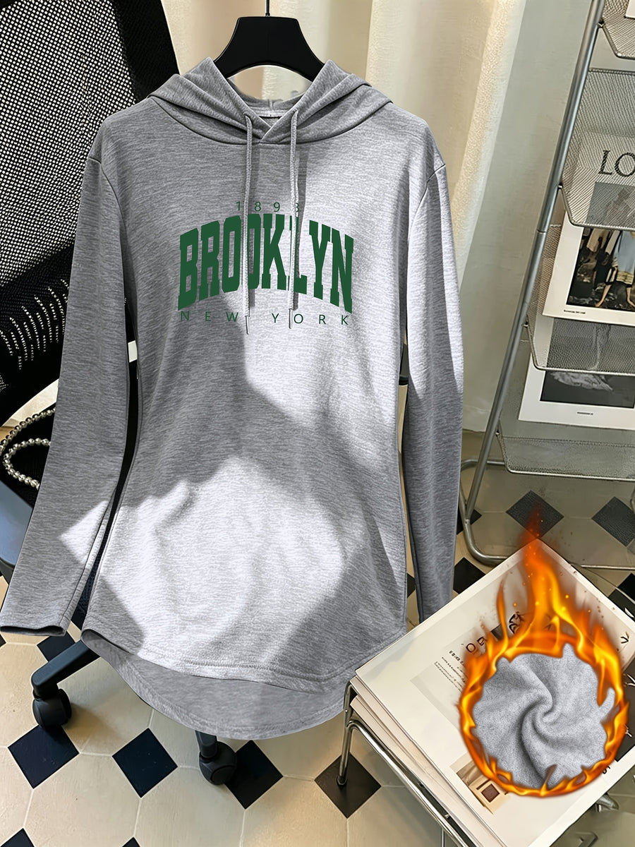 Women's Mid-Length Hooded Sweatshirt, Loose Fit, Hip-Covering, Letter Print, Drawstring Pullover Top - Light Grey