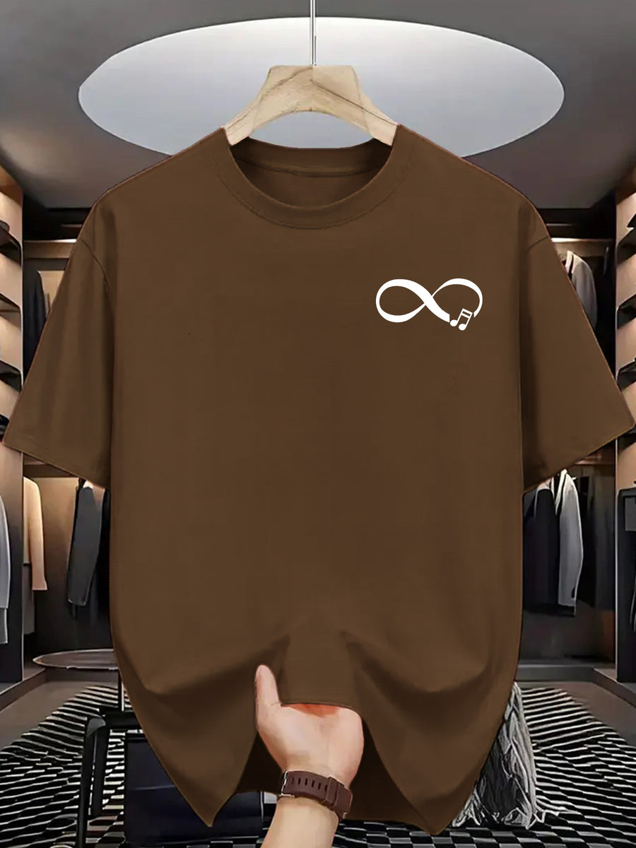 Men'S Casual Summer T-Shirt with Stylish Infinity Symbol & Heartbeat Print - Breathable Polyester, Crew Neck, Short Sleeve, Regular Fit - Perfect for Casual Attire - Light Brown-1