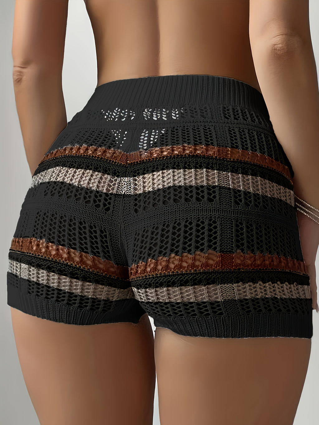 New Women'S Stylish And Elegant Color-Blocked Striped Hollow-Out Shorts - Black