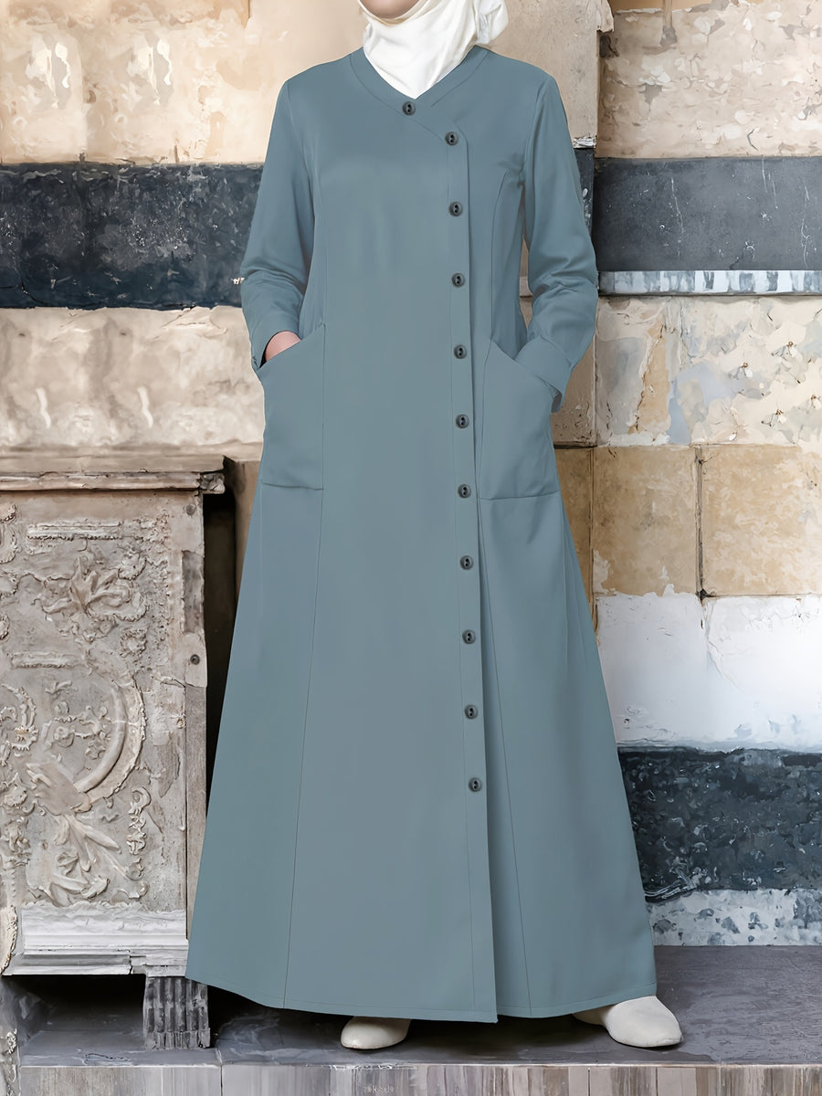 Spring/Autumn New Plain -Like Multi-Button Long Sleeve Women's Abayas - Light Army Blue
