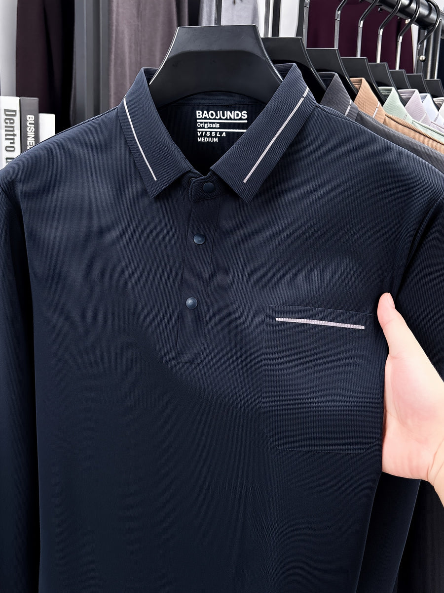 Autumn New Arrival Men's Fashion Long-Sleeve Polo Shirt, Versatile Casual Button- Lapel Seamless Men's Long-Sleeve Top, Suitable for Business Casual Outings, Dates, and Walks, an Essential Top for Casual Attire - On Cyan